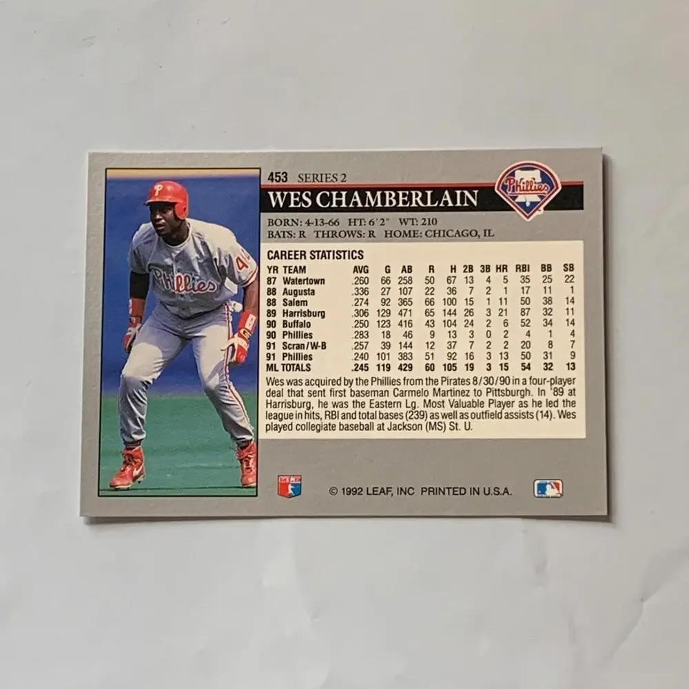1992‎ Leaf Baseball #453 Wes Chamberlain Philadelphia Phillies MLB Card